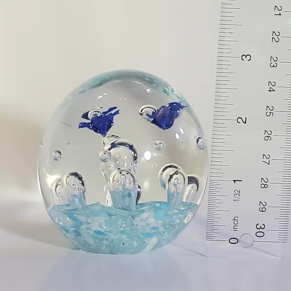VINTAGE Handblown Glass Paperweight Ocean Themed Controled Bubble & Blue Fish